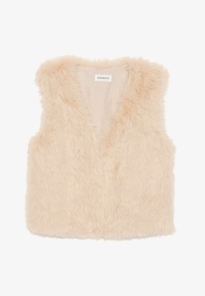 Beige faux fur vest med V-hals design, åben front og tykk, blød tekstur. Har ingen lukninger og en glat foring.
