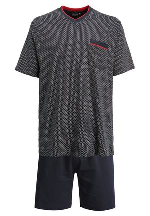 Ensemble de pyjama à manches courtes comprenant un haut bleu marine à motifs avec un col en V et une poche sur la poitrine, associé à un short bleu marine uni. Matière en coton douce.