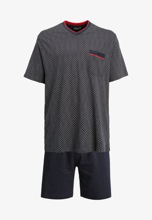 Korte mouw pyjama set met een geblokt marineblauw bovenstuk met een V-hals en een borstzak, gecombineerd met effen marineblauwe shorts. Gemaakt van zacht katoen.