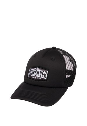 Casquette trucker noire Quiksilver avec dos en mesh et visière incurvée, avec un patch logo à l'avant indiquant "QUIKSILVER Since 1969".
