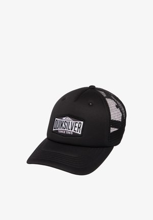 Schwarze Quiksilver Trucker-Kappe mit Netzrückseite und gebogenem Schirm, mit einem vorderen Patch-Logo mit der Aufschrift "QUIKSILVER Since 1969".
