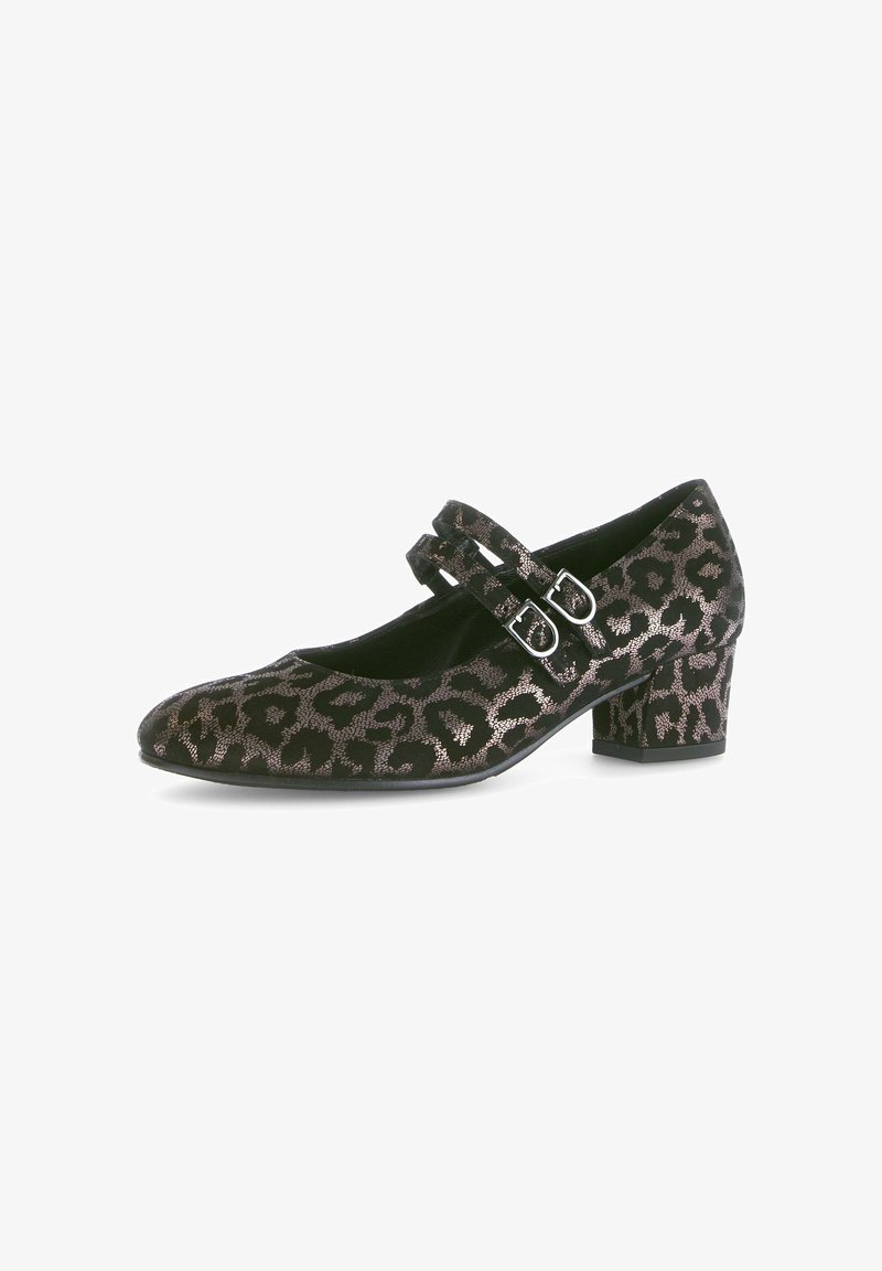 Schwarze und bronzefarbene Leopardenmuster-Mary-Jane-Schuhe mit zwei Schnallenriemen, niedrigem Blockabsatz und einem weichen, strukturierten Obermaterial.