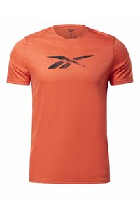 Camiseta deportiva de manga corta en un vibrante color naranja, confeccionada con una tela suave y ligera. Presenta un logo negro de Reebok en la parte delantera.