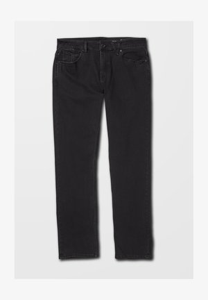 Jean en denim noir, coupe droite, cinq poches, coutures visibles, fermeture classique à boutons et glissière, texture lisse, légère usure.
