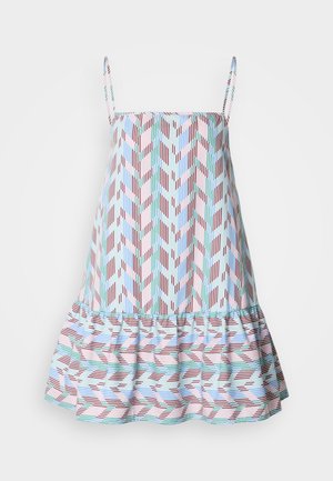 Haljina bez rukava s nabranim donjim rubom, s cik-cak uzorkom u crvenoj, ružičastoj, plavoj i zelenoj boji na svijetloplavoj pozadini.