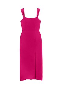 Vestido fucsia con tirantes anchos, corsé estructurado y una silueta recta que presenta una abertura lateral para un detalle adicional. Textura suave.