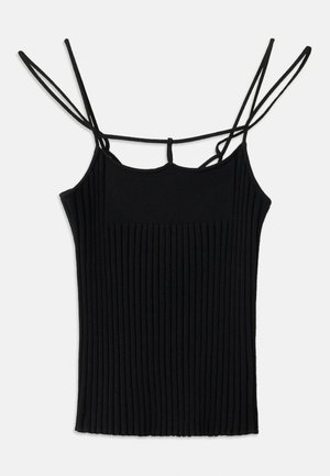 Μαύρο ριμπ τοπ με λεπτές ρυθμιζόμενες τιράντες, με εφαρμοστή γραμμή και υφή, κατάλληλο για φορεσιά με στρώσεις ή μόνο του.