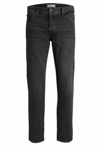 Mörkgrå denimjeans med en klassisk rak bendesign. Har en knäppning med översta knapp, bälteöglor och subtila sömdetaljer.