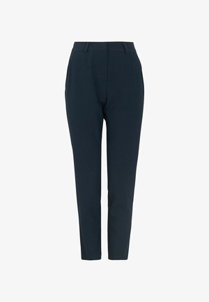 Marineblaue, maßgeschneiderte Hosen mit glatter Textur, schlanker Passform, zwei vorderen Taschen und Gürtelschlaufen. Ideal für formelle oder berufliche Anlässe.