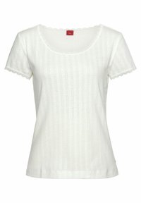 White short-sleeve t-shirt with a scoop neckline; features a ribbed texture, lace trim on sleeves, and subtle vertical lines.