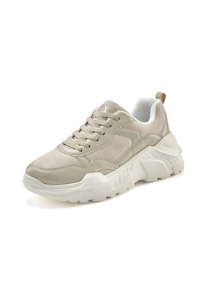 Beige Sport Sneakers mit strukturiertem Obermaterial, glatten Einsätzen, weißer, dicker Sohle und Schnürverschluss. Mit einem Rückenzug.