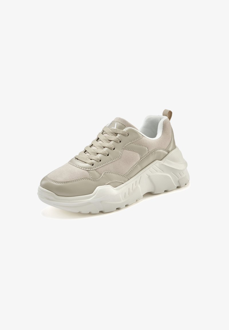 Beige Sport Sneakers mit strukturiertem Obermaterial, glatten Einsätzen, weißer, dicker Sohle und Schnürverschluss. Mit einem Rückenzug.