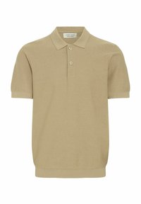 Béžové polo tričko s krátkým rukávem vyrobené z strukturované látky, s klasickým límcem a knoflíkovou légou na třech knoflících. Jednoduchý design bez ozdob.