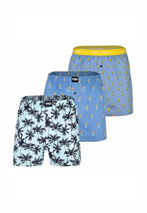 Drei Paar Herrenboxershorts mit tropischen und Getränke-Mustern, mit Knöpfen und elastischen Bund in Blautönen.