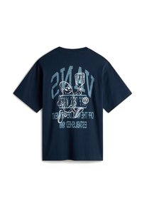 Navy blue cotton t-shirt featuring a graphic design on the back with the text "VANS" and a character holding a pool cue and eight ball.