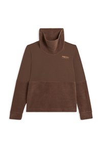 Felpa marrone con colletto alto, caratterizzata da un design a blocchi di colore e una texture morbida. Il nome del marchio "FREDDY" è ricamato in arancione.
