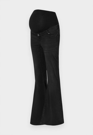 Svarta utsvängda gravidjeans med ett stretchy midjeband och främre fickor. Tyget har en mjuk yta och en klassisk denimdesign.