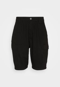 Czarne szorty cargo wykonane z trwałego materiału, z dwoma bocznymi kieszeniami, zapięciem na guzik i luźnym krojem.