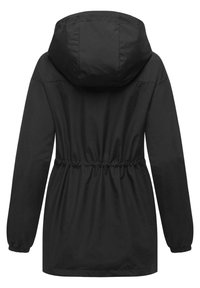 Veste à capuche noire avec une taille cintrée, des manches longues à poignets élastiques et une texture lisse et mate. Vue de dos uniquement.