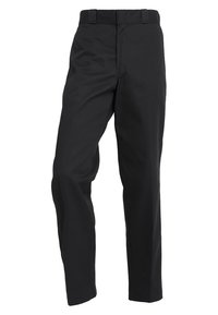 Černé kalhoty vyrobené z látky, s rovnou nohavicou, hladkým povrchem, poutky na opasek a bez viditelných kapes nebo ozdob.