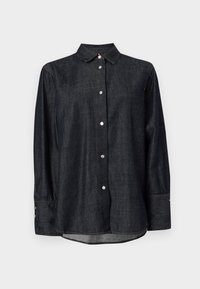 Σκούρο πουκάμισο από τζιν με κλασικό γιακά, μακριά μανίκια, κλείσιμο με κουμπιά και λεπτομέρειες από ραφές. Λεία υφή με άνετη εφαρμογή.