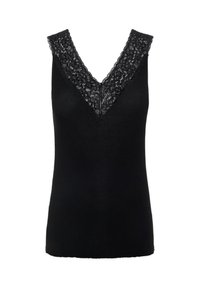 Black sleeveless top with a V-neck, featuring a lace trim along the neckline. Smooth fabric and fitted shape, without additional embellishments.
