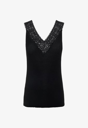 Zwarte mouwloze top met een V-hals, voorzien van een kantafwerking langs de halslijn. Gladde stof en een aansluitende pasvorm, zonder verdere versieringen.