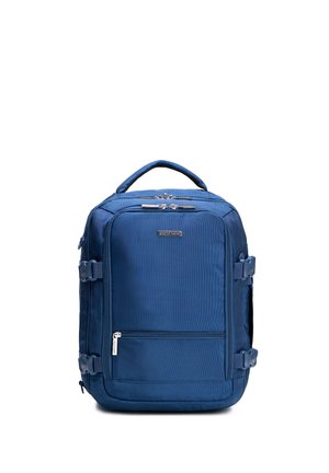 Blauer rechteckiger Reisrucksack mit mehreren Reißverschlussfächern, seitlichen Schnallen und einem oberen Griff.