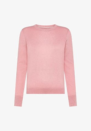 Maglione lavorato a maglia rosa chiaro con scollo rotondo, maniche lunghe, polsini e orlo a costine, caratterizzato da una texture morbida e un motivo verticale.
