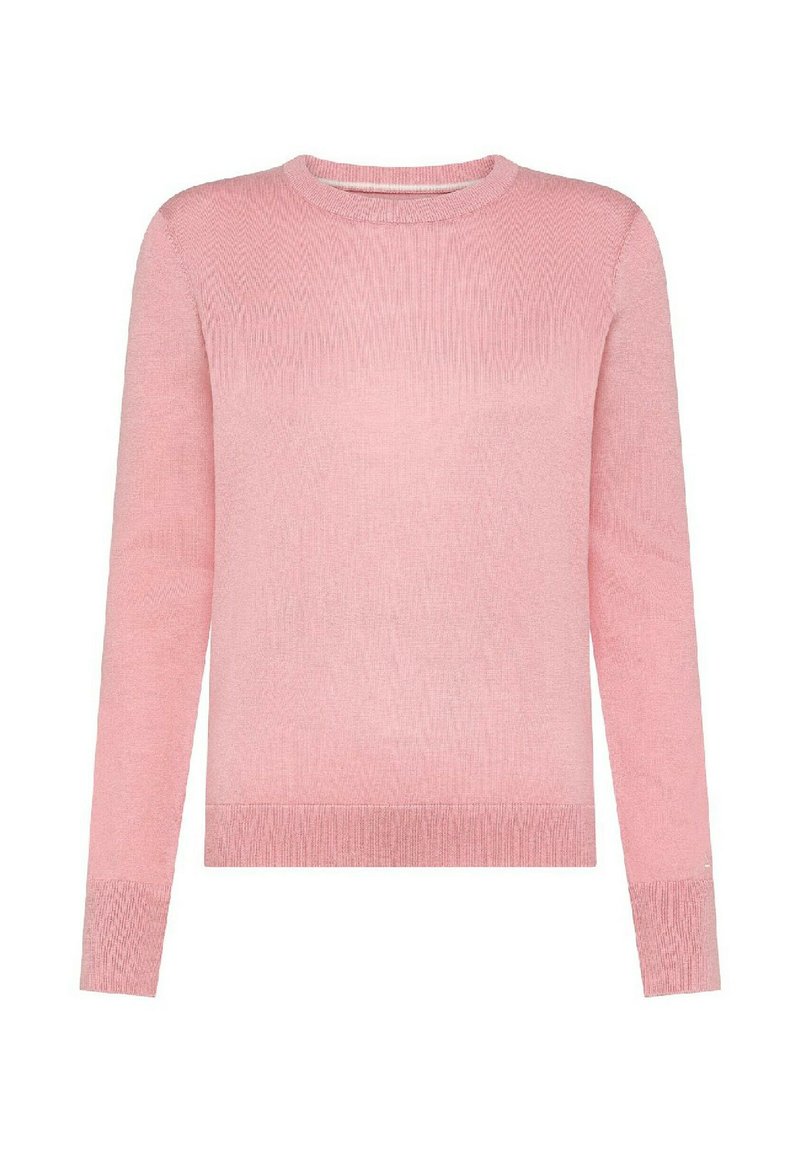 Maglione lavorato a maglia rosa chiaro con scollo rotondo, maniche lunghe, polsini e orlo a costine, caratterizzato da una texture morbida e un motivo verticale.
