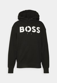 Felpa nera in materiale morbido, con un grande logo bianco "BOSS" sul davanti, dotata di cappuccio con coulisse e tasca a marsupio.