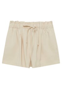 Beige shorts made of smooth fabric, featuring an elastic waistband with a drawstring, and a relaxed, loose fit.