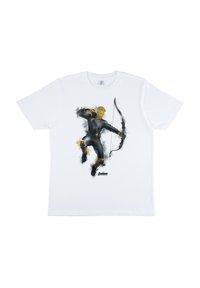 Biała bawełniana koszulka z grafiką łucznika w czarno-żółtej odzieży, z łukiem, a poniżej napis "Avengers".