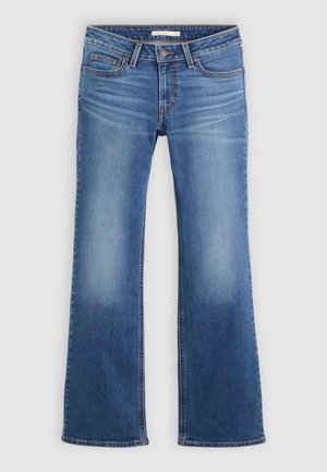 Lyseblå denim bellbottom bukser med et klassisk fem-lomme design, sydd sømmer og en lett falmet finish på lår og knær.