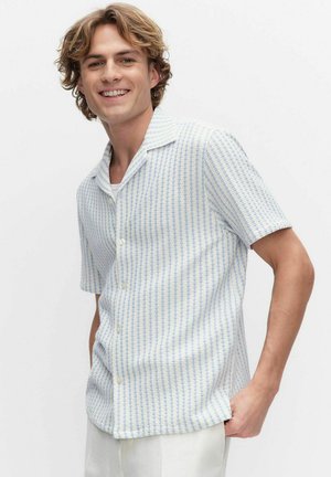 Nuori kiharatukkainen mies hymyilee, hänellä on yllään vaaleansininen kuvioitu lyhythihainen kauluspaita ja vaaleat housut.