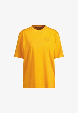 T-shirt in cotone giallo con collo a giro, maniche corte e un sottile logo 'Malibu' ricamato sul petto. Tessuto liscio e uniforme.