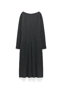Abito lungo a maniche lunghe di un grigio scuro, realizzato in tessuto testurizzato. Presenta un ampio scollo e una vestibilità dritta e rilassata, con chiusura a zip sul retro.