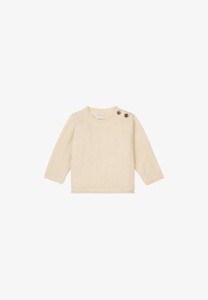 Crème kleurig gebreid sweater met ribbelstructuur, ronde hals en lange mouwen. Bevat twee houten knopen op de schouder.