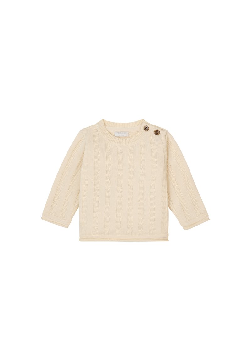 Cremefarbenes gestricktes Sweatshirt mit gerippter Textur, Rundhalsausschnitt und langen Ärmeln. Verfügt über zwei Holzknöpfe an der Schulter.