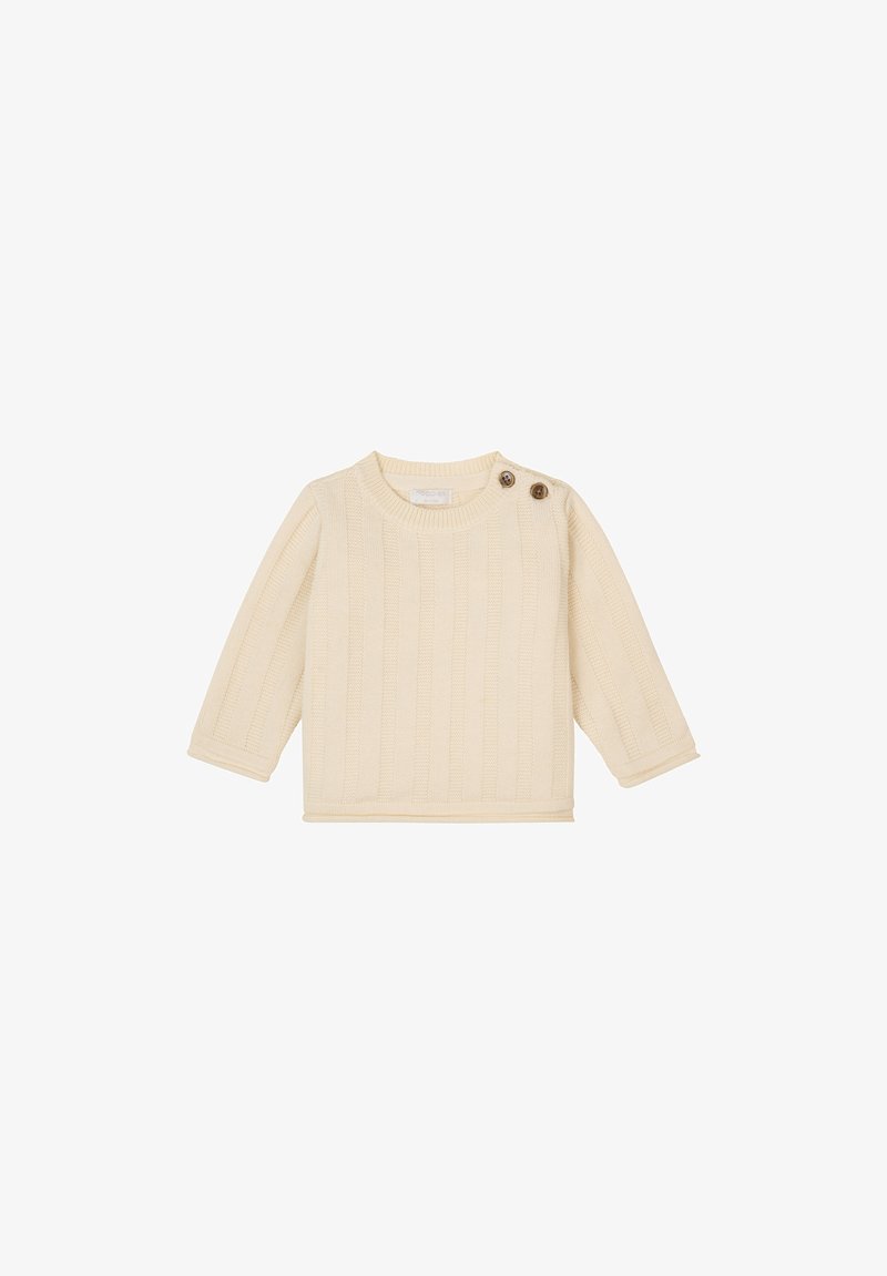 Cremefarbenes gestricktes Sweatshirt mit gerippter Textur, Rundhalsausschnitt und langen Ärmeln. Verfügt über zwei Holzknöpfe an der Schulter.