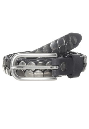 Black leather belt with round silver studs and a silver metal buckle, coiled on a white background.