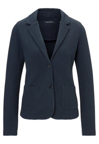 Blazer texturizado azul marino con solapa muesca, dos bolsillos frontales, cierre de un solo botón y detalles de costura sutiles.