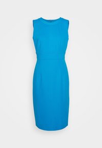 Přiléhavé šaty bez rukávů v jasně modré barvě s kulatým výstřihem, švem v pase a hladkou, texturovanou látkou. Má vertikální šití jako detail.