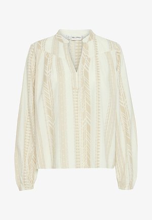 Kreemivärviline pikavarsline pluus beeži geomeetrilise mustriga. Omab V-kaelust, kokkutõmmatavaid õlgu ja elastseid mansette. Kerge kangas.