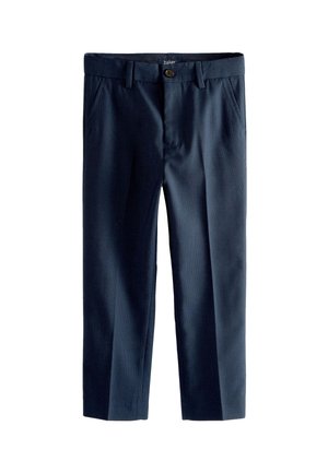 Marineblaue, maßgeschneiderte Hose mit Gürtelschlaufen, Seitentaschen, Vorderknopf und Reißverschluss, flach auf weißem Hintergrund dargestellt.