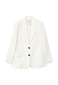 Blazer bianco realizzato in tessuto strutturato, con revers a spigoli, due tasche frontali e due bottoni marroni per la chiusura.