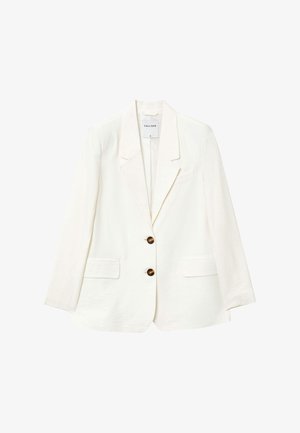 Blazer bianco realizzato in tessuto strutturato, con revers a spigoli, due tasche frontali e due bottoni marroni per la chiusura.