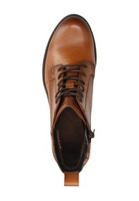 Braune Leder-Ankle-Boots mit runder Zehenform, Schnürverschluss und seitlichem Reißverschluss; glatte Oberfläche mit einem Kontrast aus Wildleder im Inneren und einem Zugband.