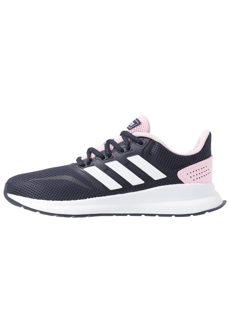 Marinblå och rosa sportskor med vit sula, meshöverdel, snörning och tre vita ränder på sidan.