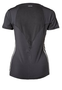 Black short-sleeve athletic shirt with a fitted design, featuring a textured panel at the back and white accent stripes along the sides.